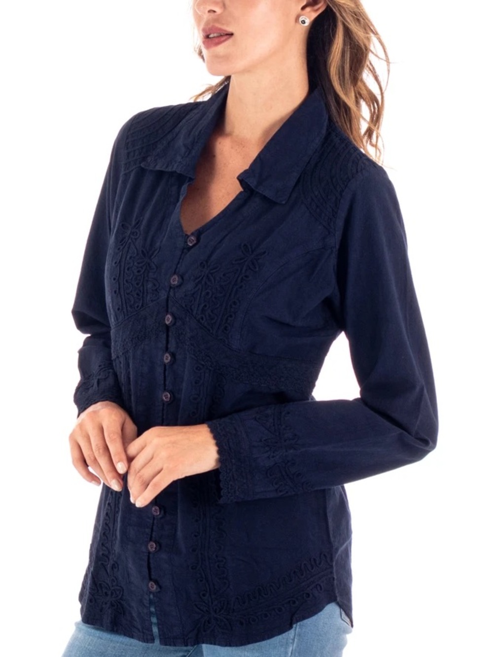 NOVICA Lily of the Incas Navy Embroidered Cotton Blouse XL Peru